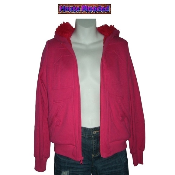 Marc By Marc Jacobs Bright Pink Hoodie W/ Red Faux Fur Lining Warm Sweatshirt S - Picture 2 of 13